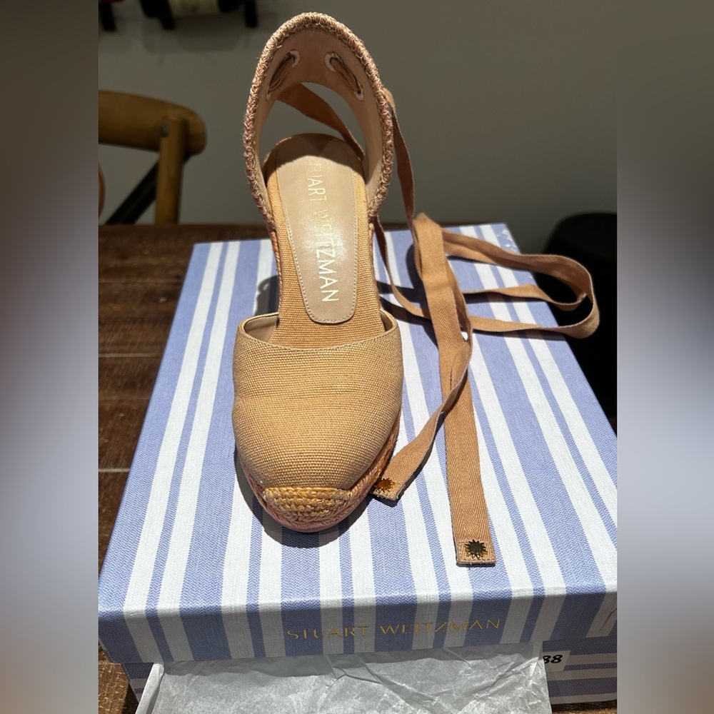 Stuart Weitzman Tan Espadrille Wedge Sandals